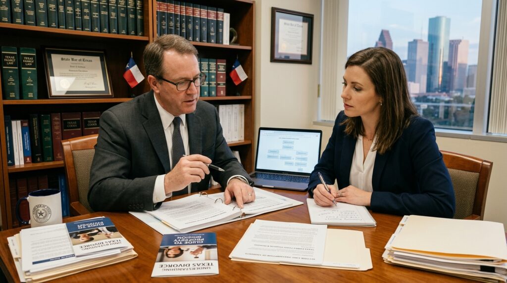 Attorney explaining Texas divorce laws to client