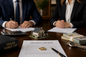 High-asset divorce in Texas with legal documents, luxury assets, cash, a model home, and attorneys reviewing complex marital property division.