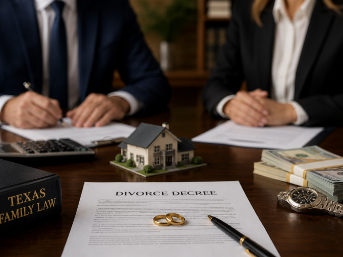 High-asset divorce in Texas with legal documents, luxury assets, cash, a model home, and attorneys reviewing complex marital property division.