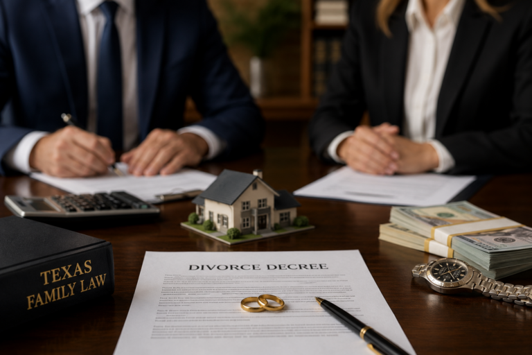 High-asset divorce in Texas with legal documents, luxury assets, cash, a model home, and attorneys reviewing complex marital property division.