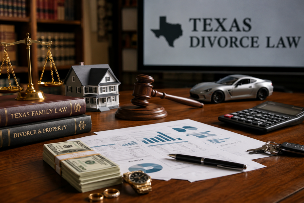 Texas property division in a high-asset divorce showing legal documents, financial assets, and a model home representing community property.